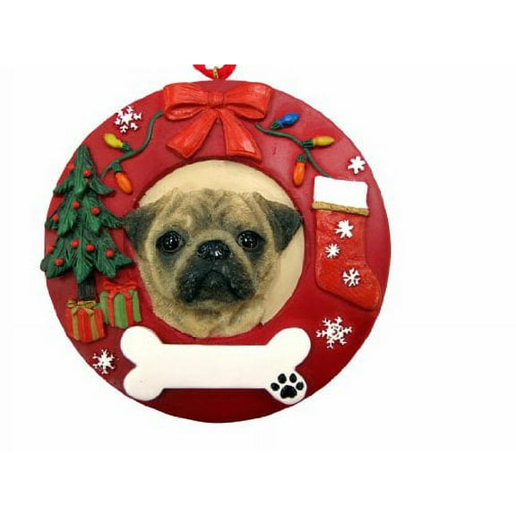 E&S Pets Pug Christmas Ornament Wreath Shaped Easily Personalized