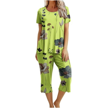 

RQYYD Women s Sleepwear Capri Pajama Sets Short Sleeve Two-Piece Pjs Crew Neck Lounge Sets Tops & Capri Pants with Pockets Comfy Womens Pajamas Sets