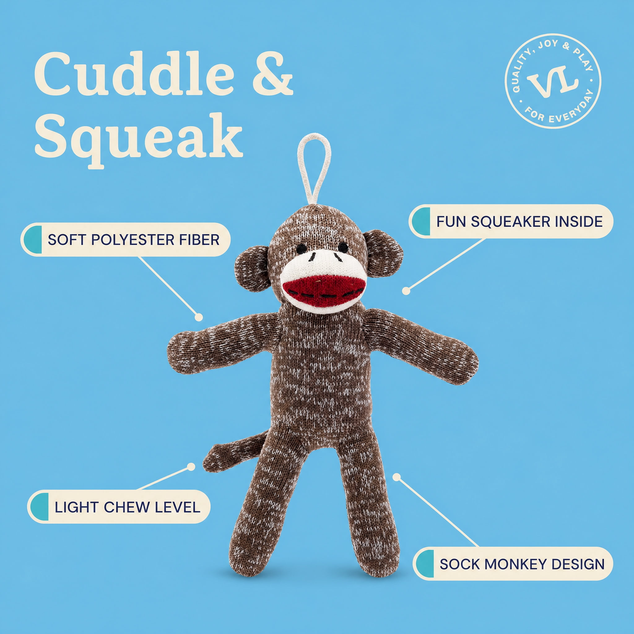 (2 pack) Vibrant Life Brown Sock Monkey Plush Dog Toy with Squeaker, Chew Level 1