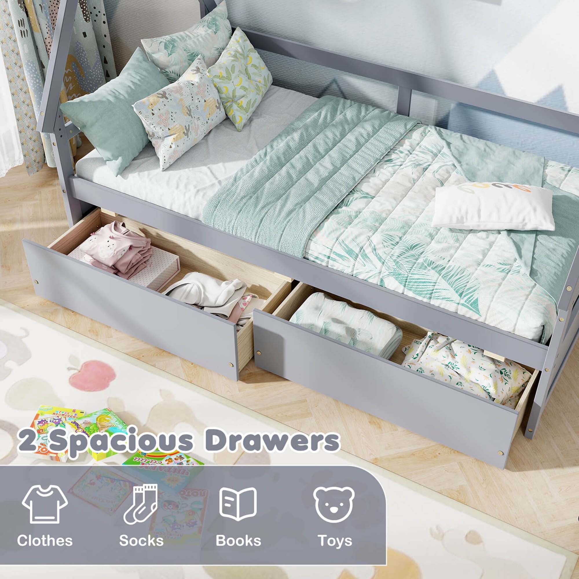 Costway Twin Size House Bed with Roof Safety Guardrail 2 Storage Drawers Wood Slat Support Gray