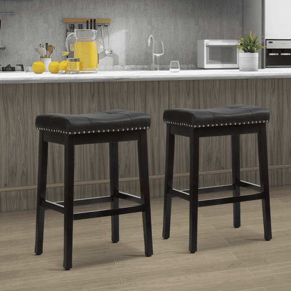 MoNiBloom Bar Stools Set of 2, Modern Counter Height, PU Leather Saddle Seats for Kitchen, Island, Bistro, Black Frame, Black