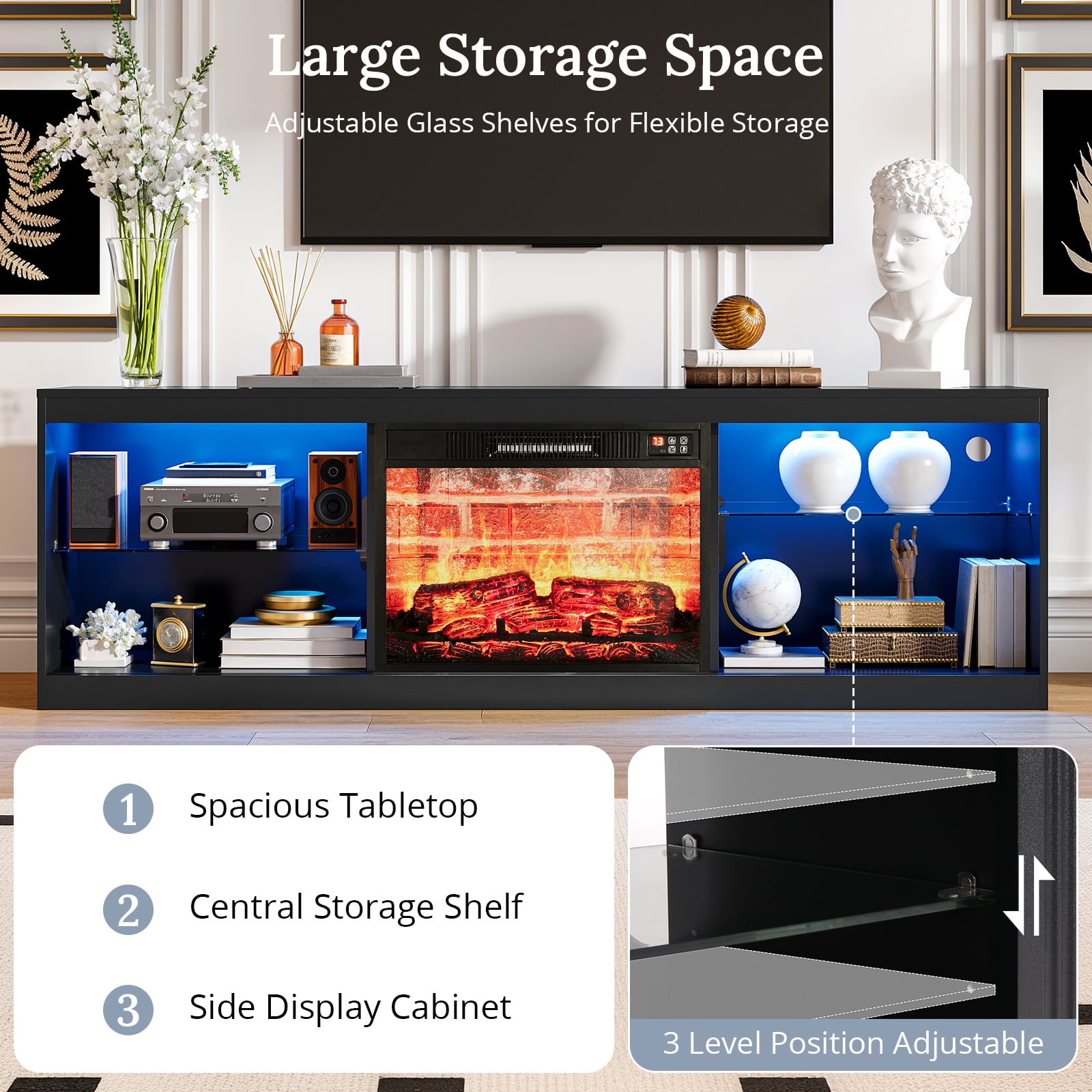 Holliwill 70" Fireplace TV Stand for TVs up to 80" with LED Lights, Fluted Modern Entertainment Center with 23" Red Brick Electric Heater TV Console with Sliding Door for Living Room, Black