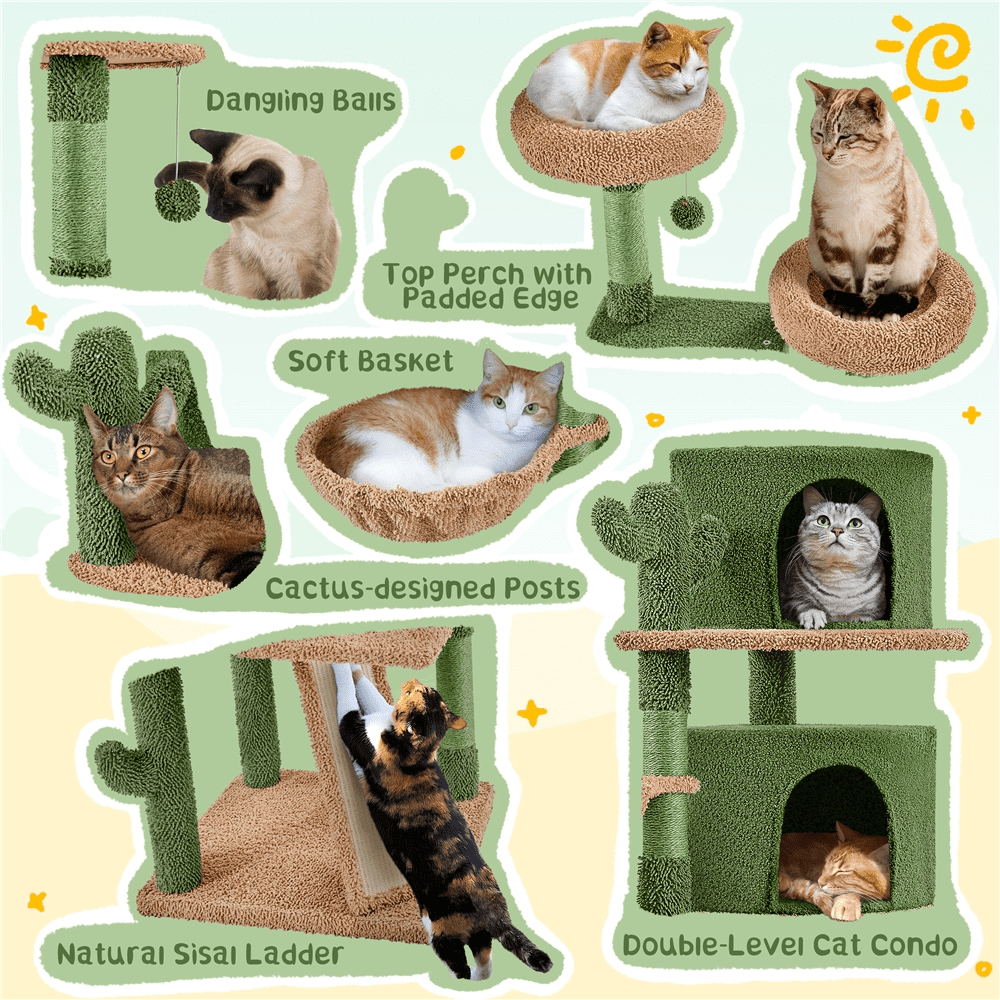 Alden Design 66″ H Multi-Level Cactus Cat Tree with Natural Sisal for Small/Medium Cats, Green/Brown