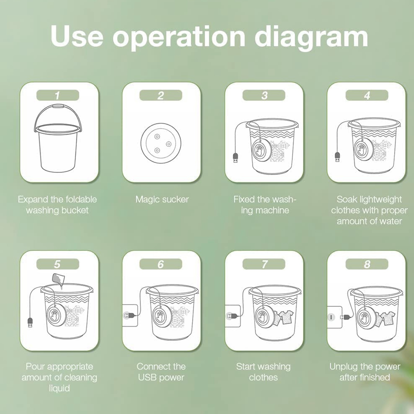 BOKYAN 10L Foldable Mini Washing Machine Portable Ultrasonic Washer for Dorm Underwear Socks Green (13.39 inches / 34 cm)