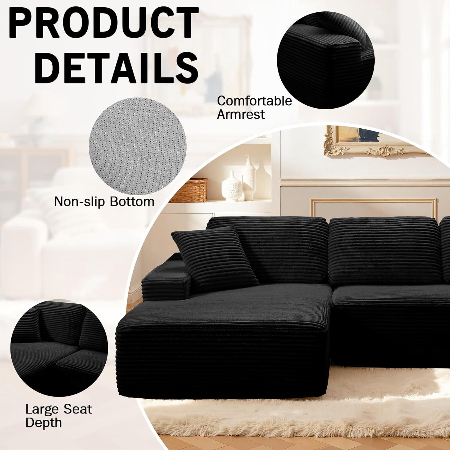 Howcool 104" Cloud Sectional Sofa, Oversized Boneless Modular L-Shaped Couch with Deep Seat & Oversized Chaise, Memory Foam Compression Sofa, No Assembly for Living Room Apartment,Black