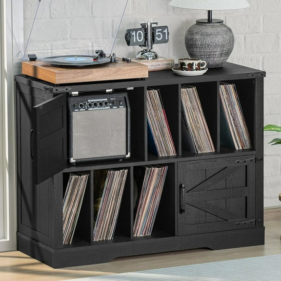 Large Record Player Stand with Vinyl Storage Up to 450 Albums, 39 Inch Farmhouse Wood Black Vinyl Records Storage Cabinet with Barn Doors, Mid-Century Modern Turntable Stand for Living Room