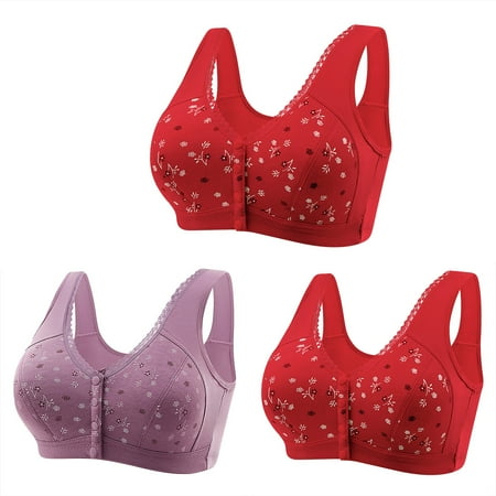 Bigersell Ladies Bras Pack Discouts 3pc Women Front Buckle for Senior Elder Women Underwear Soft Cotton Oversized Tank Tops Without Underwire Printed Bra Full-Coverage Bra Style F-9 Purples XXL