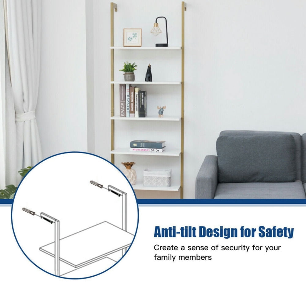 Demi Bonn 5-Tier Wood Look Ladder Shelf with Metal Frame for Home, Multipurpose Open Bookshelf, Yellow