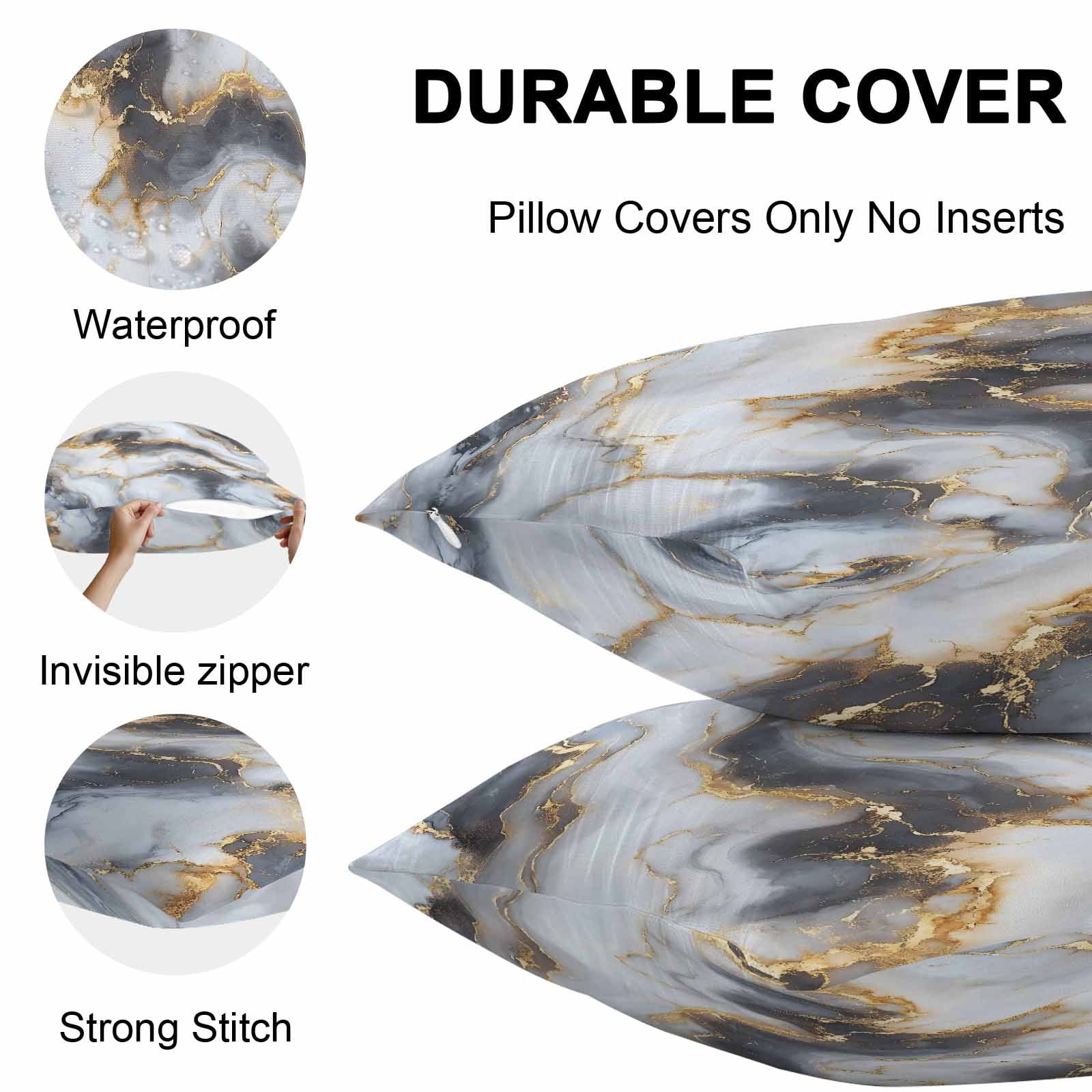 Waterproof Throw Pillow Covers Set of 2, 26x26 Inch Marble Yellow White Decorative Pillowcases Outdoor Pillow Slip Cushion Covers Set for Couch Tent Modern Abstract Art Ink Painting