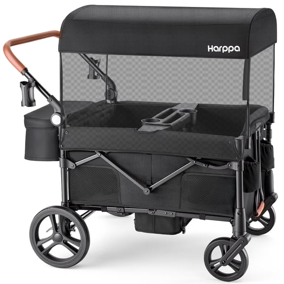 HARPPA Foldable Wagon Stroller for 4 Kids with 5-Point Harness, Canopy, Black