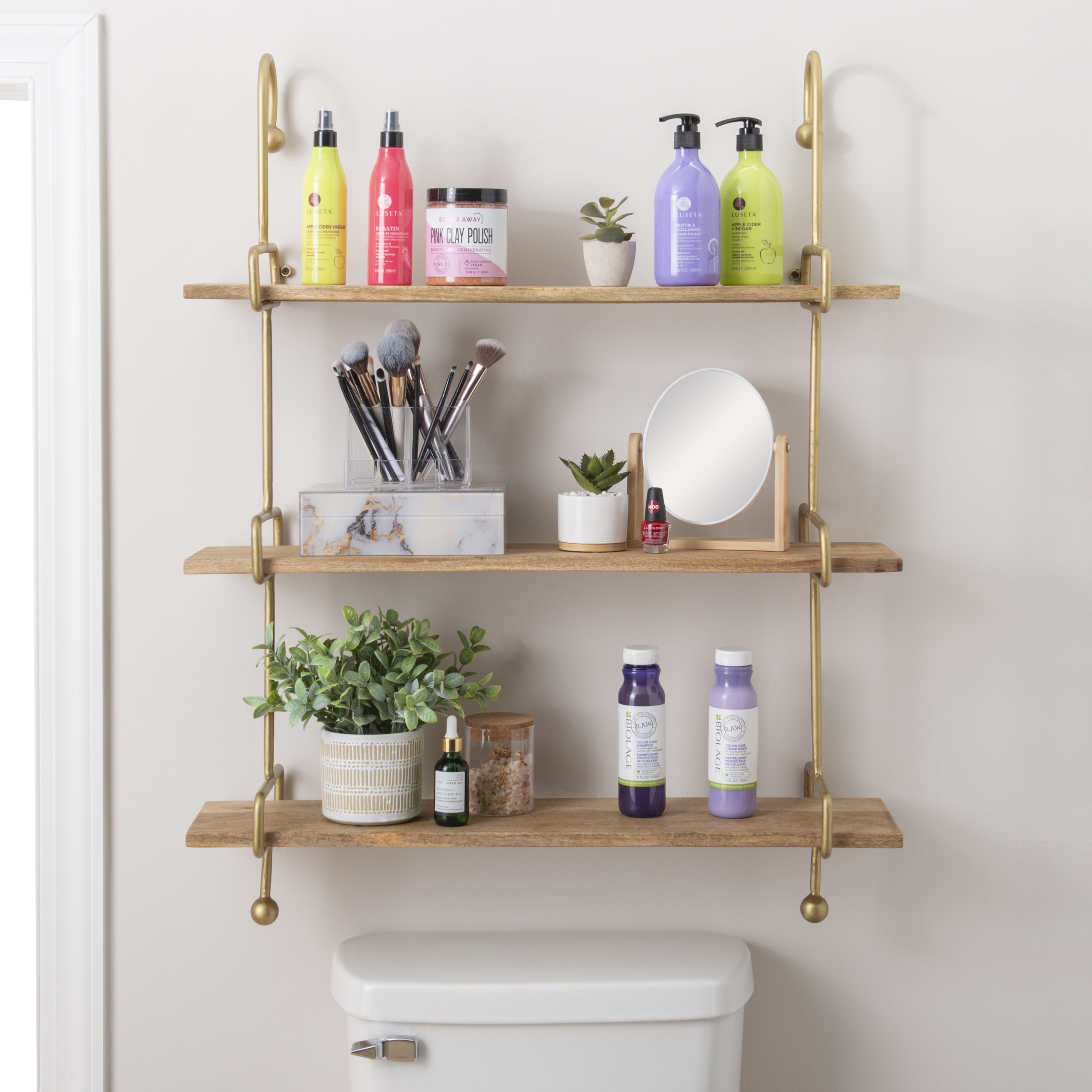 Wrenn 3Tier Wall Shelves, Gold Metal with Natural Mango Wood