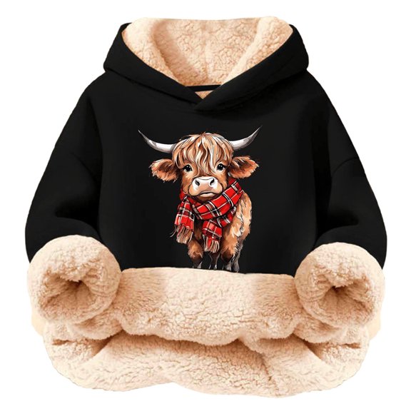 Little Girls Hoodies Sweatshirts Girls Lined Hoodie Cute Print Sweatshirt Warm Pullover Top Cozy Youth Outerwear Black 5T-6T