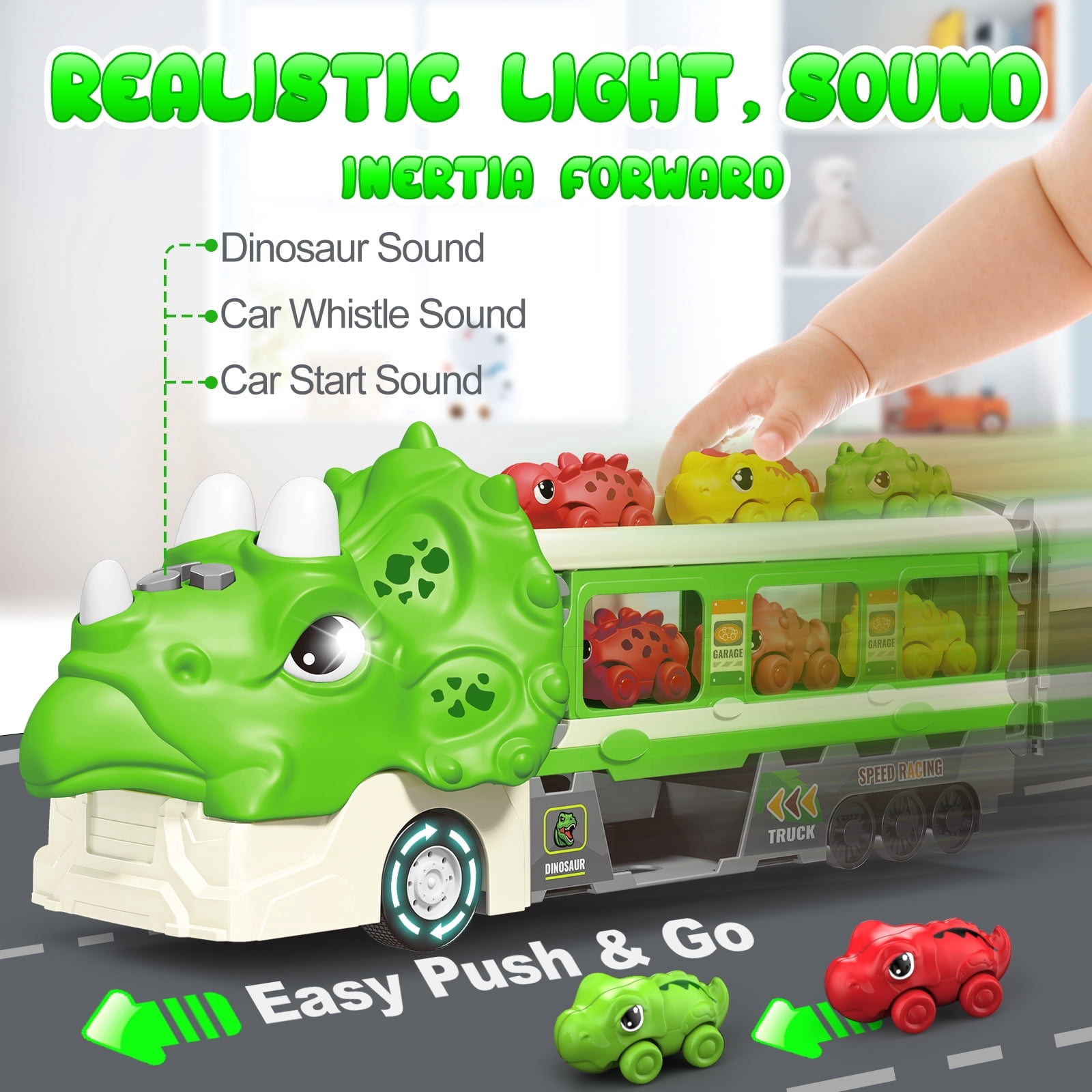 Gkcity Dinosaur Transport Truck Toy - Foldable Sliding Ramp, 6 Racing Cars, Lights & Sounds - 19 Pieces