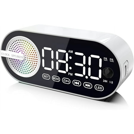 Digital Alarm Clock with Bluetooth Speaker, Dual Alarm Clock for Bedroom Heavy Sleeper Wireless Speaker BT 5.0 with Rechargeable Battery, Support FM, TF Card,Human-Activated (White)