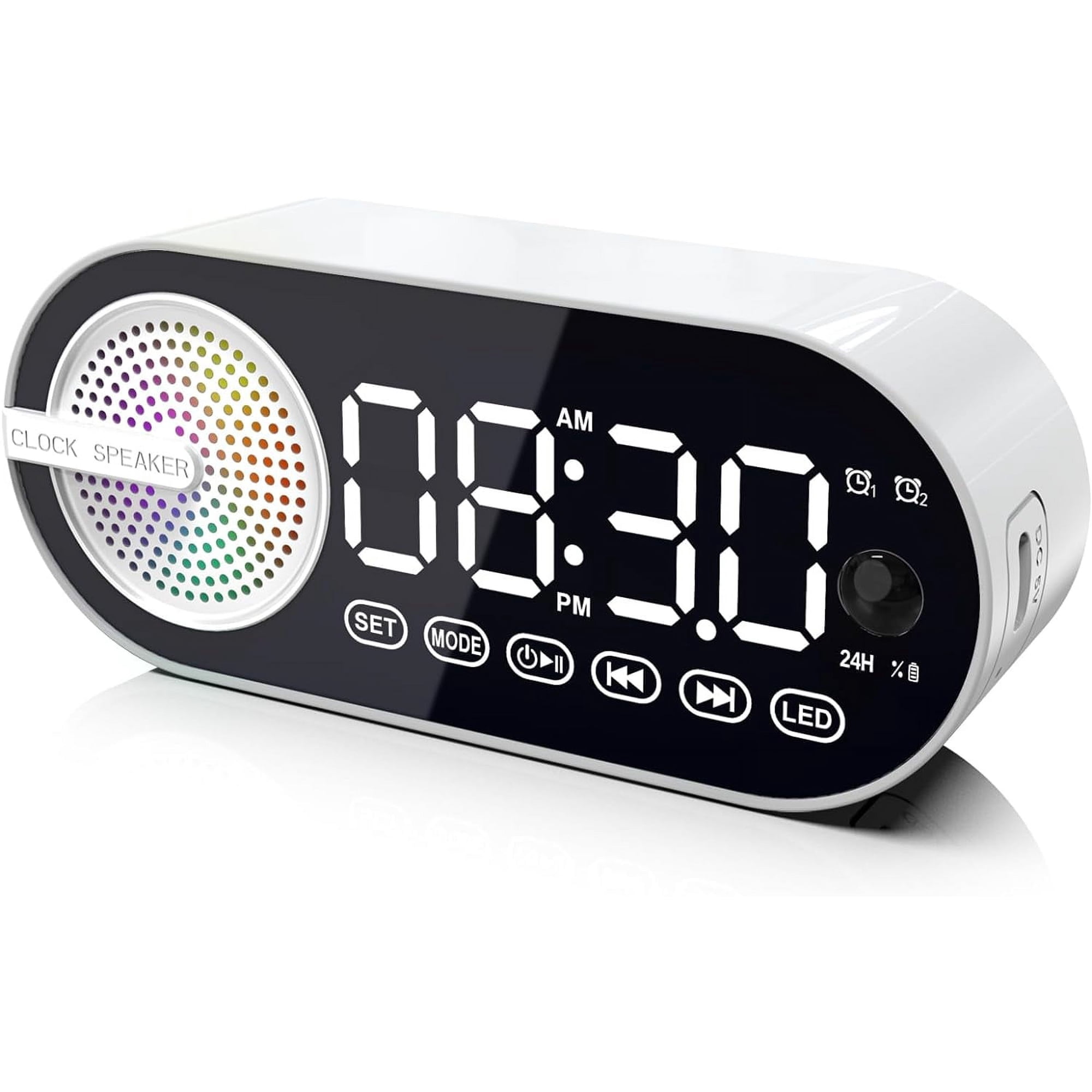 Digital Alarm Clock with Bluetooth Speaker, Dual Alarm Clock for Bedroom Heavy Sleeper Wireless Speaker BT 5.0 with Rechargeable Battery, Support FM, TF Card,Human-Activated (White)