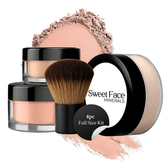 Kit de 4 piezas de tamaño completo (bronceado claro) Maquillaje mineral Base suelta translúcida mate + Brocha Kabuki + Corrector + Polvos fijadores de acabado + Rostro descubierto completa SPF 30 To