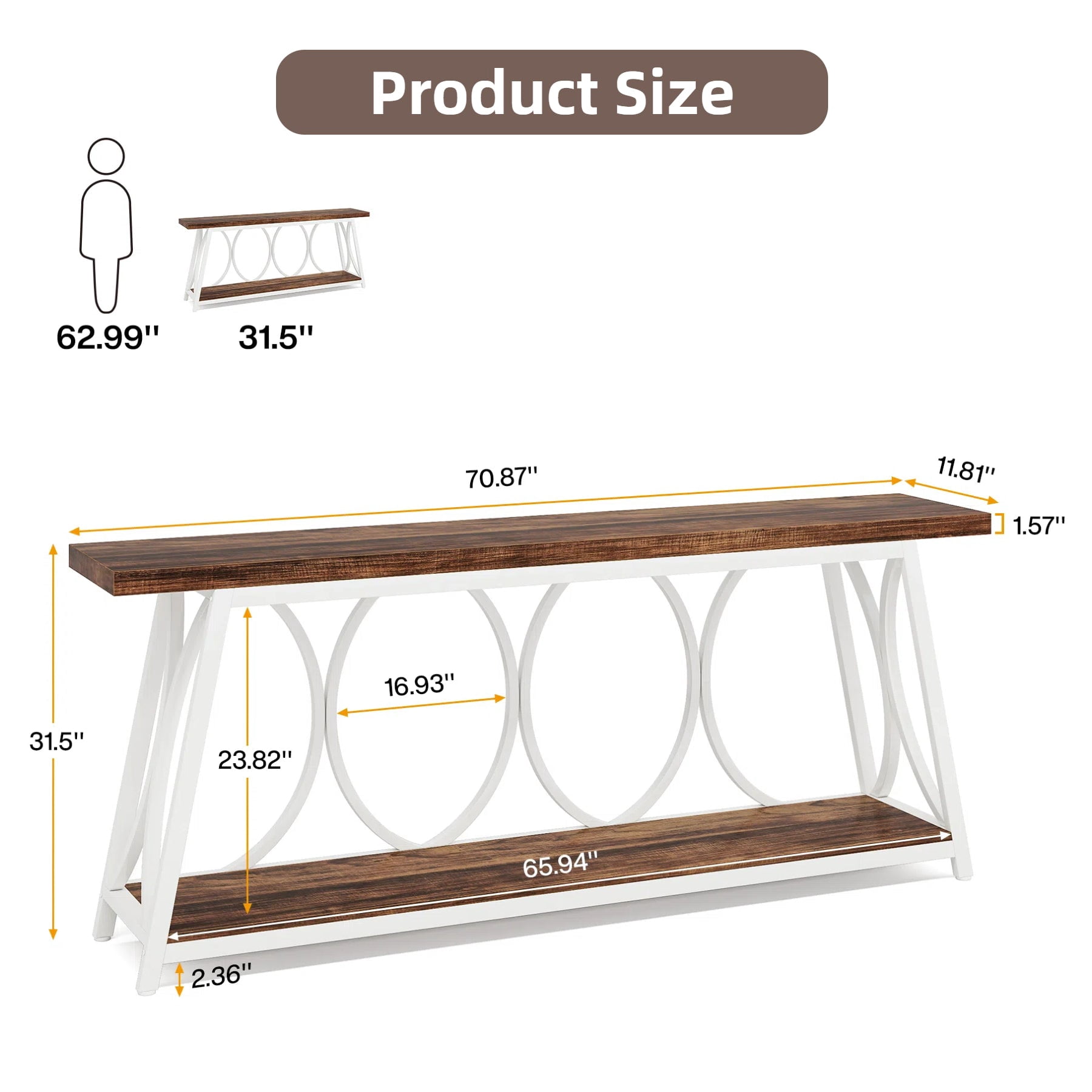 Fnova 70.87" Farmhouse Console Table for Entryway, 2-Tier Storage Long Narrow Wood Entryway Table, Metal Frame, Easy Assembly, Brown White