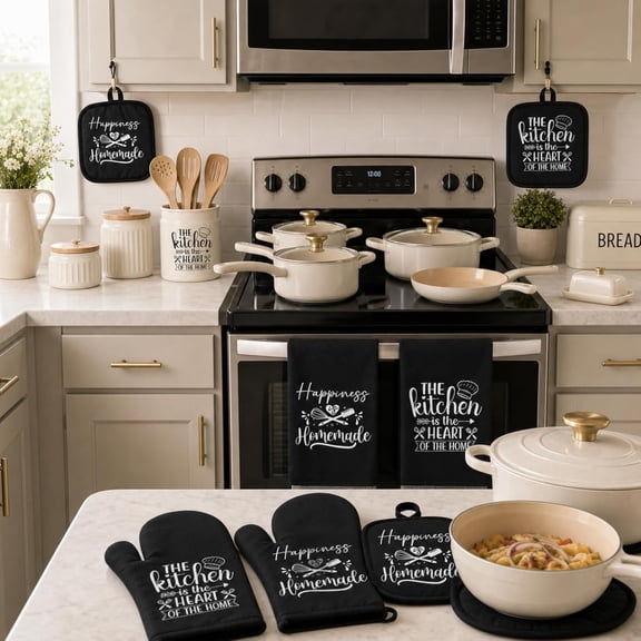 6 Pcs Kitchen Decor Accessories Set Farmhouse Towels Pot Holders Oven Mitts Set 2 Dish Towels 2 Potholders 2 Cooking Mittens Oven Glove for Christmas Baking Cooking Supply(Black,Kitchen)