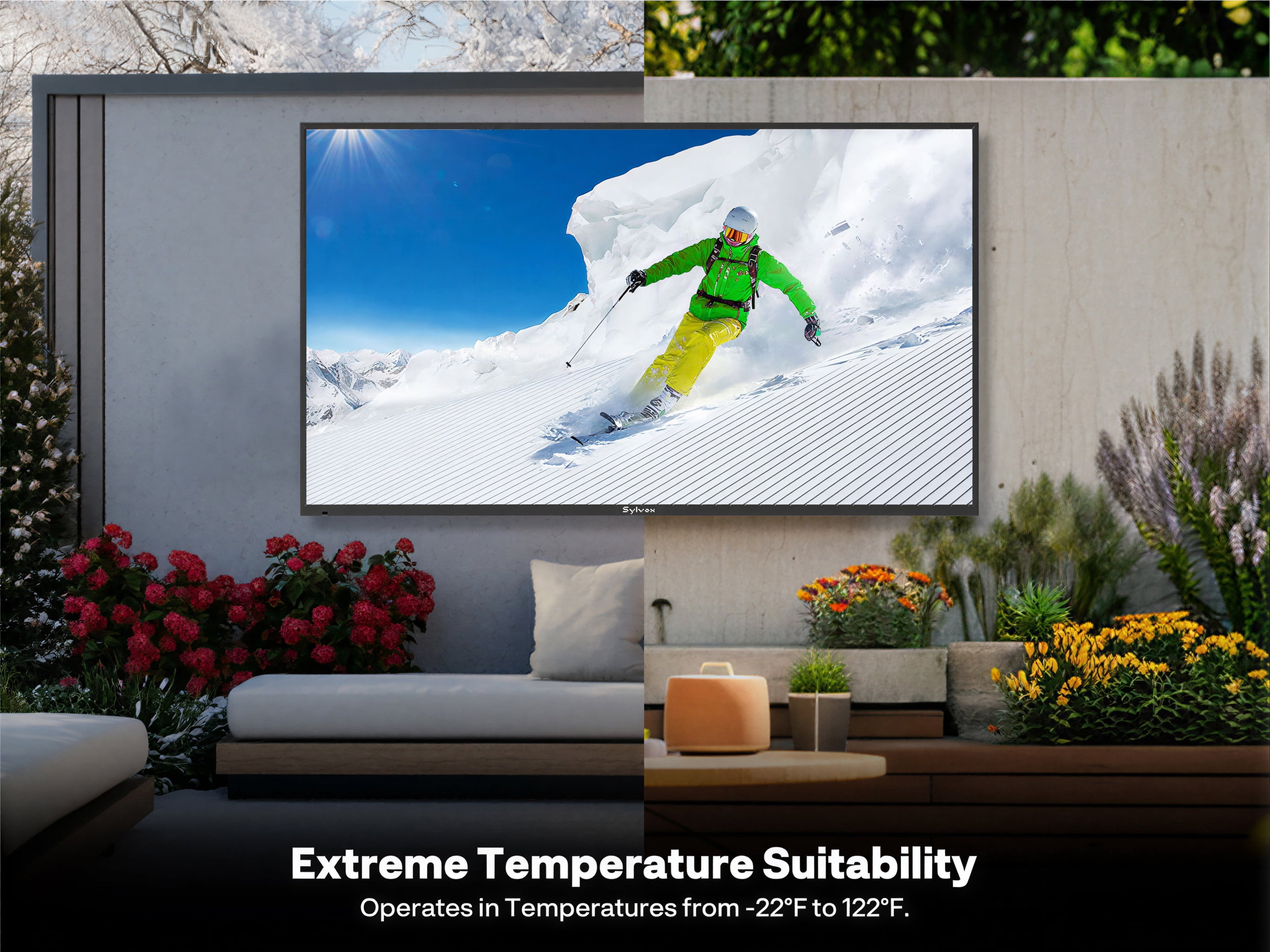 Sylvox 65 inch 120Hz Outdoor TVs,4K Smart Television 1000nits with Dobly Atmos, IP55 Waterproof , Google TV for Partial Sun Area,Gaming Serie