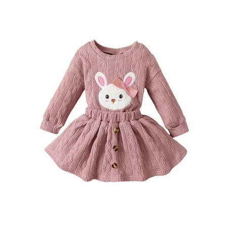 

Zervatek Kids Girls Dress Suit Long Sleeve Round Neck Cartoon Rabbit Tops A-Lined Short Half Dress