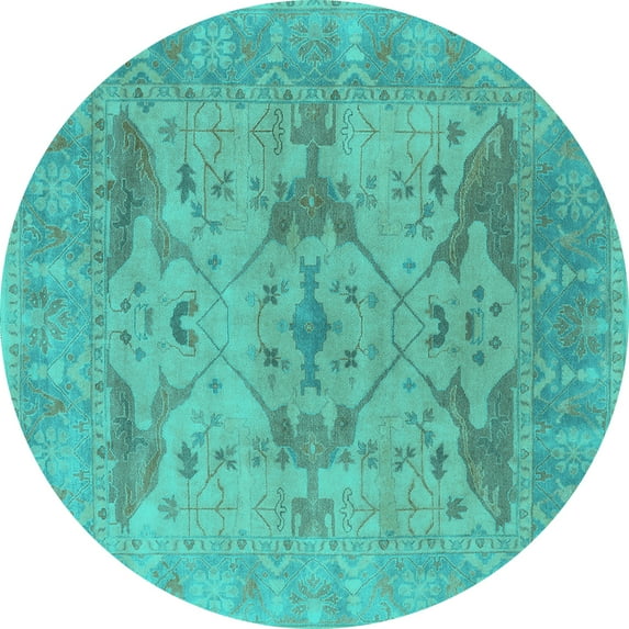 Ahgly Company Machine Washable Indoor Round Oriental Turquoise Blue Industrial Area Rugs, 5' Round