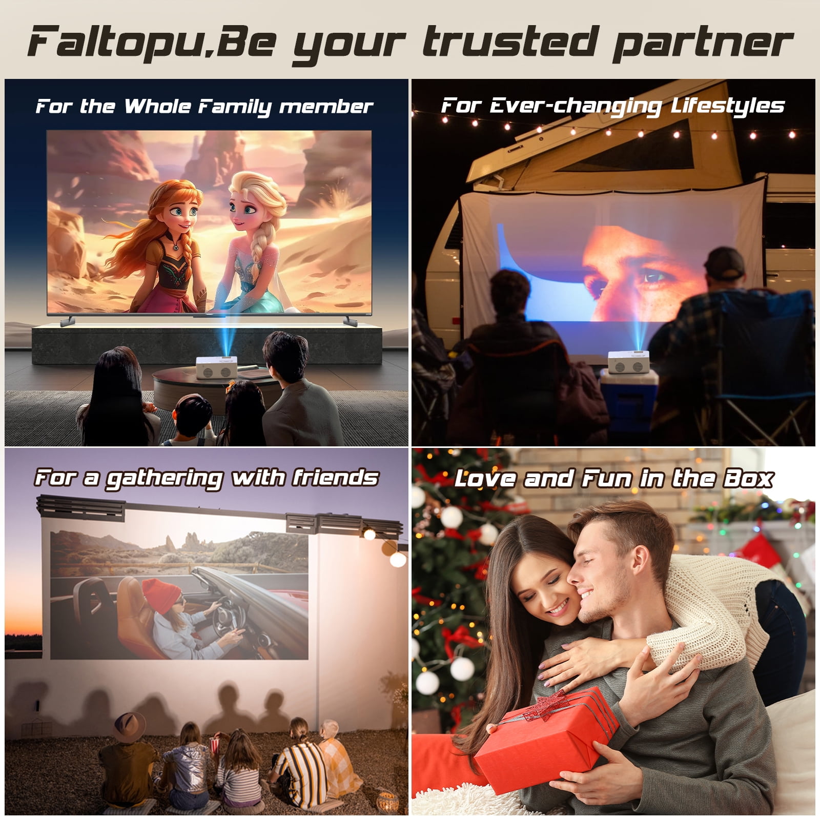 Faltopu Mini Projector with Wifi and Bluetooth, 9500LM Portable Home Theater Projector with Screen ,1080P 250"Display Supported