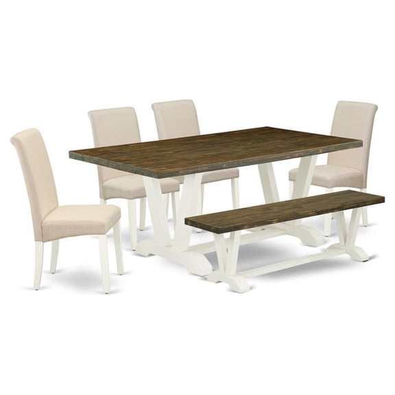 East West Furniture V-Style 6-piece Wood Dining Set with Small Bench in White