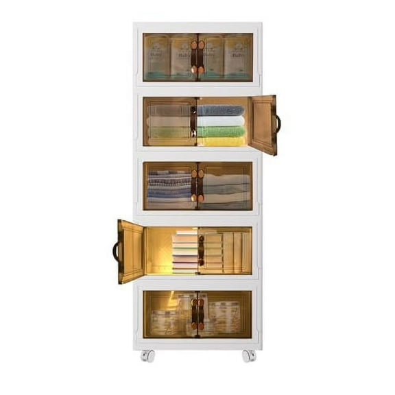 Collapsible Storage Bins with Wheels and Doors, 5x34L Plastic Stackable Closet Organizers for Clothing Storage, Folding Storage Containers for Living room, Bedroom, Kitchen