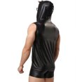 thumbnail image 5 of Men Leather Hooded T-shirt, Shiny Soft Leather, Sleeveless, Male Shaping Tank Vest, 5 of 7