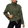 thumbnail image 2 of YMNXA Women'S Trench Coat Long Sleeve Stand Collar Solid Color Button Comfortable Cropped Jacket With Belt For Daily Wear Green L, 2 of 6