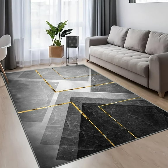 Black and Gray and Gold Marble Area Rugs - Geometric Stripes Area Rug Low-Pile Non-Shedding Foldable Rugs, Anti Slip Backing Rugs for Living Room&Bedroom&Dining Home Office 2x3ft
