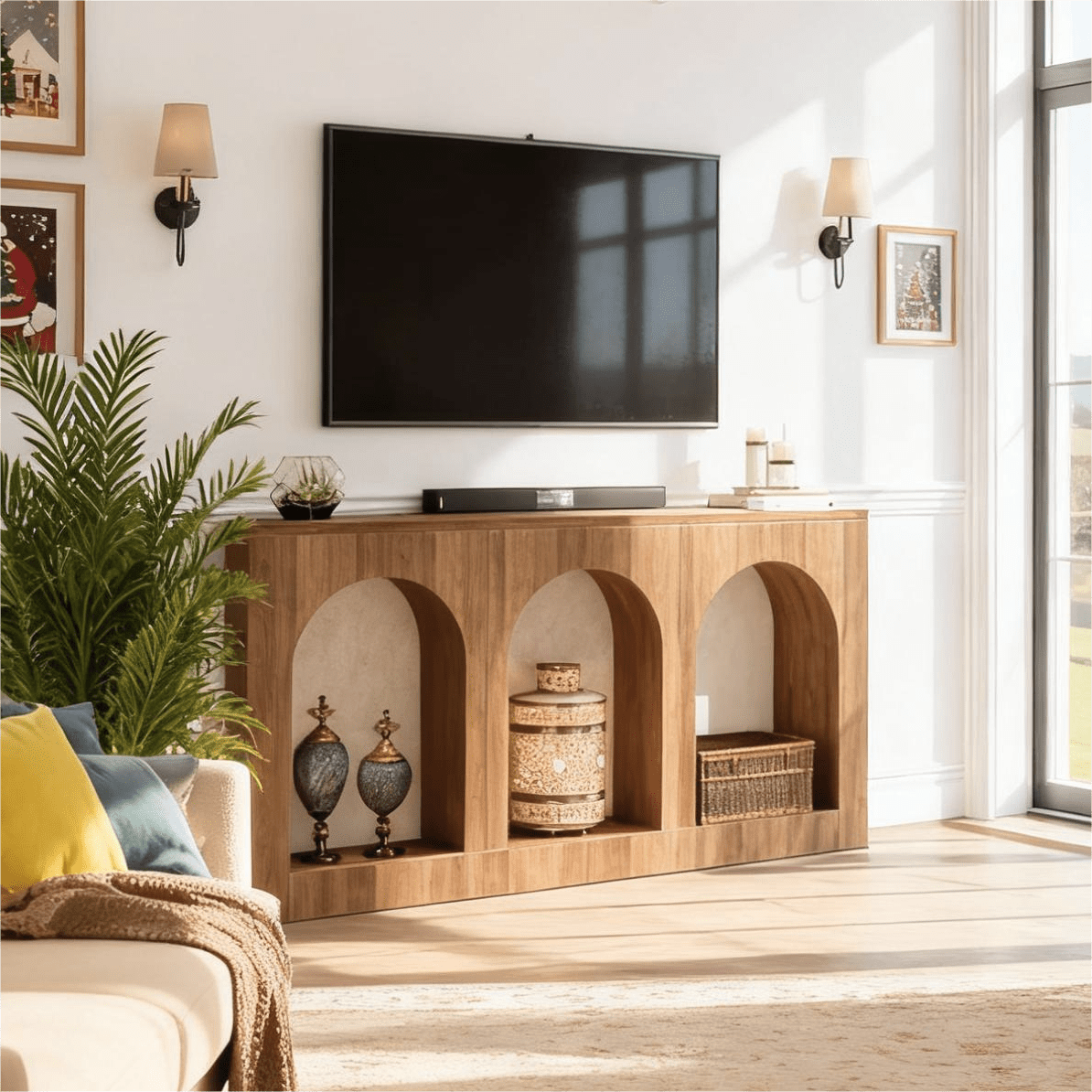 Fnova 70.9" Farmhouse Console Table, Narrow Long Sofa Table with 3 Arched Storage Shelves, Wood Entryway Table for Foyer, Hallway, Living Room, Behind Couch