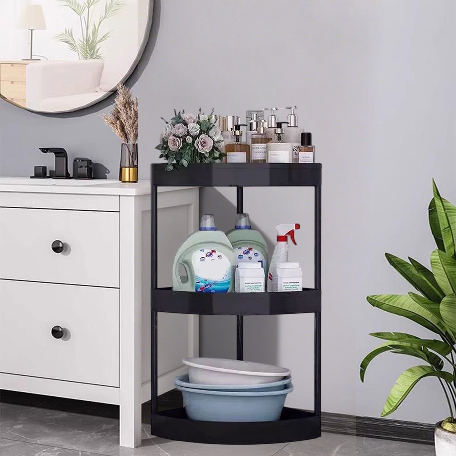 Zzbeans Bathroom Corner Storage Shelf, Removable Roller Floor Standing Toilet Organizer, Hollow-Out Drainage Tripod Shelves for Kitchen Crevice Glass Door Wall, Black
