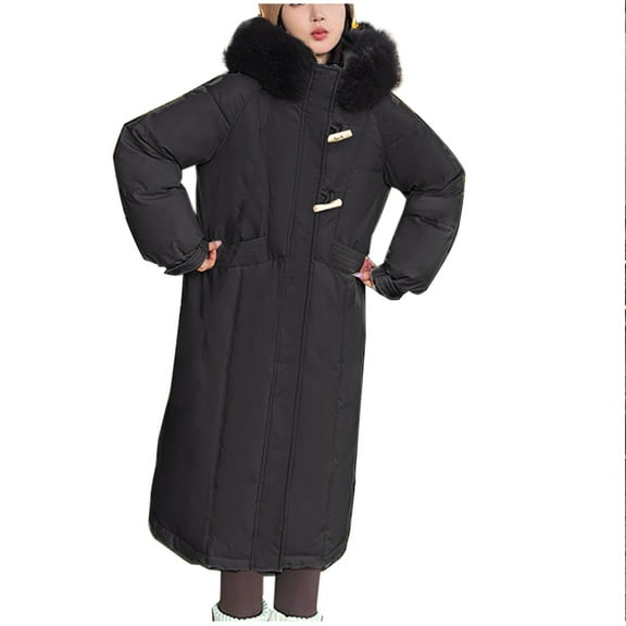 XPMWRP Women's Quilted Thicken Faux Fur Hood Long Coat Solid Color Long Sleeve Fashion Coats Full Zip Winter Warm Jacket with Pockets Black L