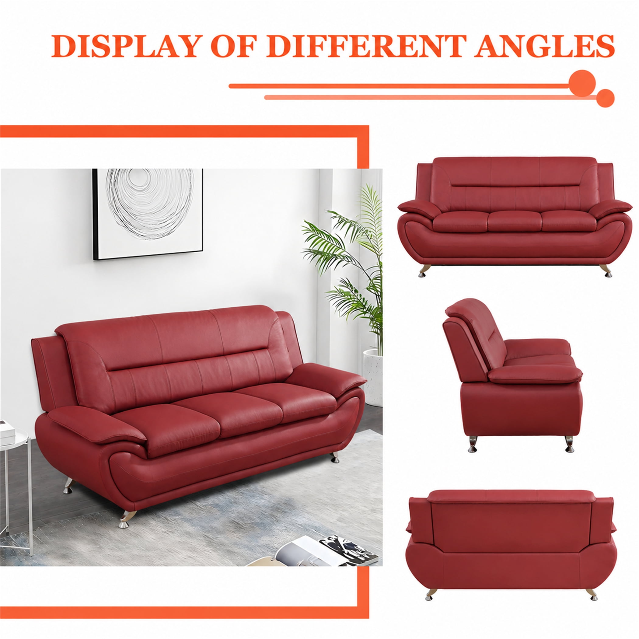 Aukfa 79" Upholstered 3 Seat Sofa Couch for Living Room Bedroom, Faux Leather, Red