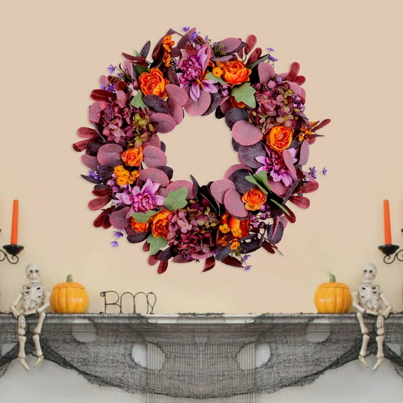 LShunze Fall Wreath for Front Door, 18" Autumn Wreath with Sunflower, Pumpkin, Berry. Artificial Home Decorations for Indoor Outdoor Window Wall Porch,Seasonal Decor for Thanksgiving Halloween,purple