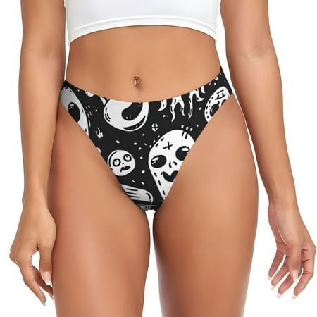 Salouo Black White Spooky Ghosts Print Seamless Thongs For Womens V-waisted No Show Thong Women s G-String Low-Waist Panties Seamless Panties Sexy Underwear Women 1-Pack