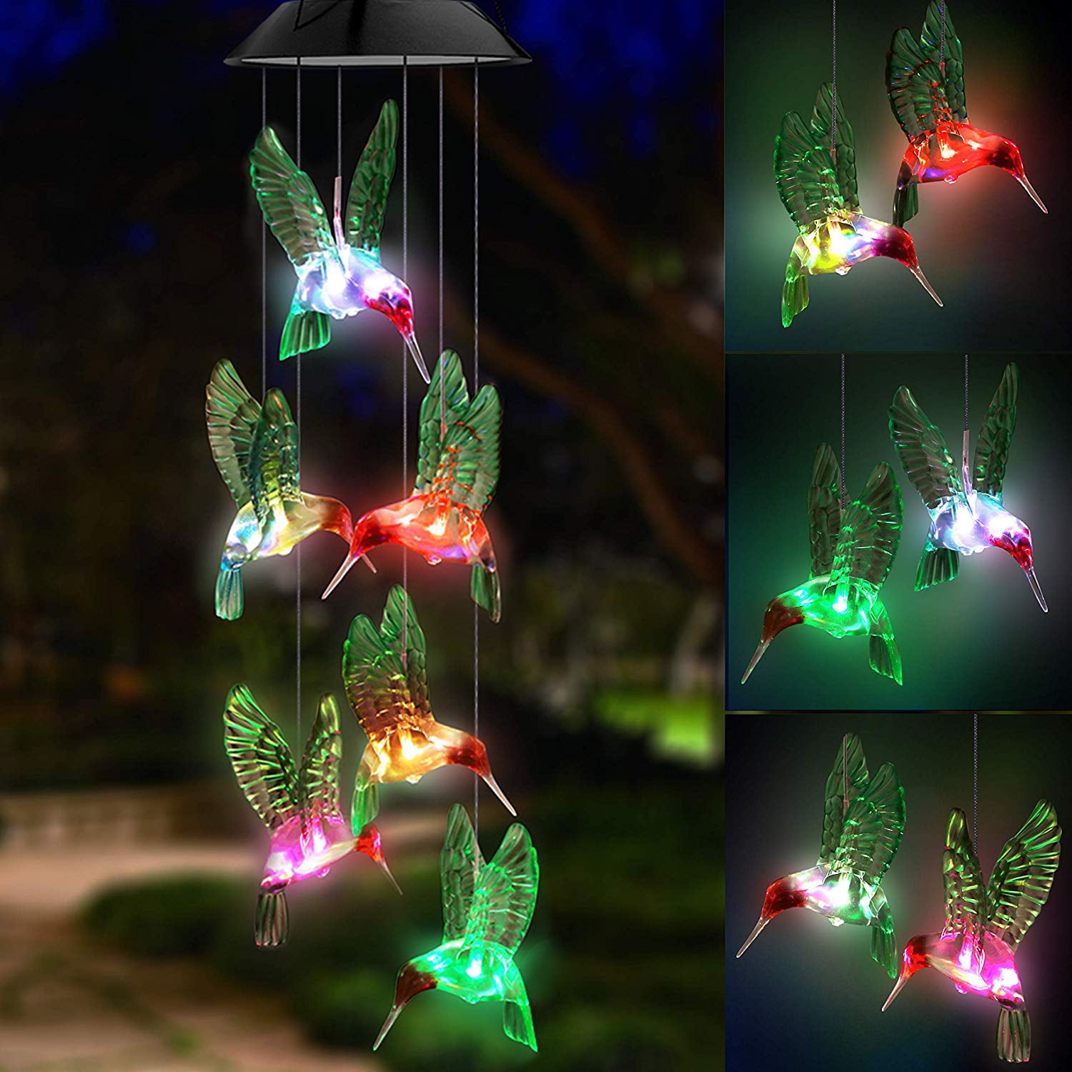 Solar Powered Multicolor Garden Bird Wind Chime LED Hang Lights Landscape Lamp 