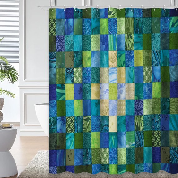 LALILO Blue Green Patchwork Shower Curtain, 72x72 in, 12 Hooks, Tiny Vintage Fabric Abstract Cotton Decor