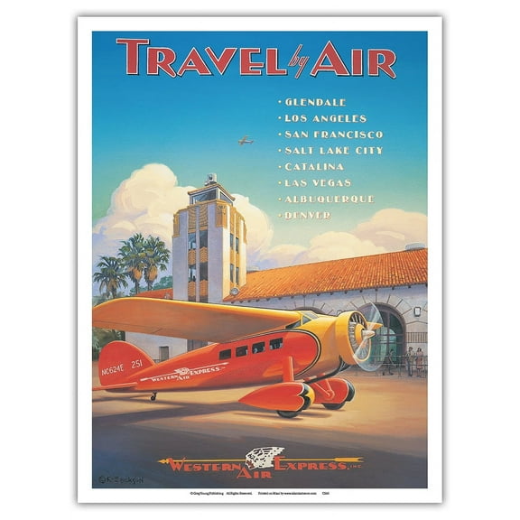 Travel by Air - Western Air Express - Glendale California - Grand Central Air Terminal - Vintage Airline Travel Poster by Kerne Erickson - Master Art Print (Unframed) 9in x 12in