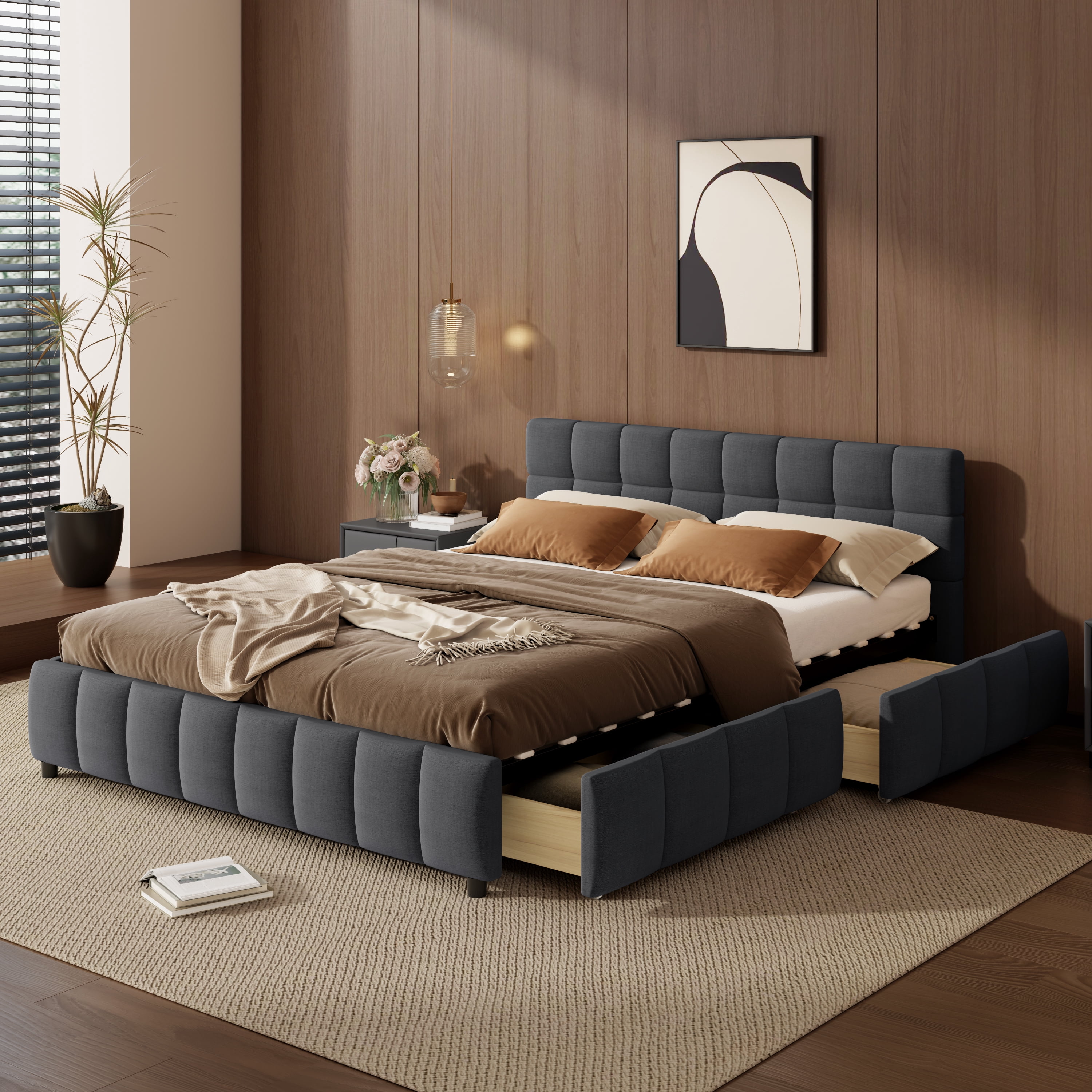 Queen Size Upholstered Platform Bed Frame with 4 Storage Drawers