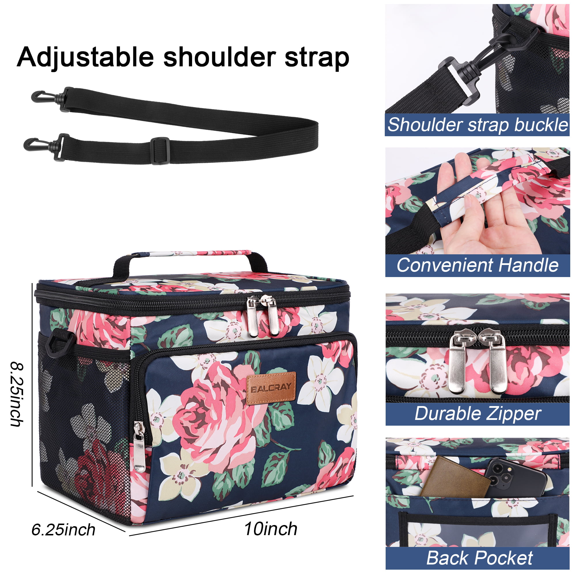  VLM Lunch Bags for Women,Leakproof Insulated Floral Lunch Box  with Adjustable Shoulder Strap Reusable Zipper Cooler Tote Bag for  Work,Picnic,Camping: Home & Kitchen