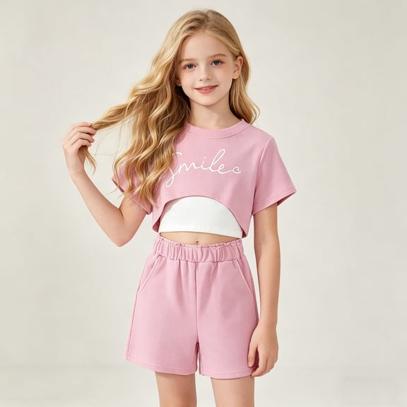 Girls 3-Piece Summer Outfit Set Print Crop Top & Elastic Waist Shorts Casual Breathable Clothing for Kids Red Size 11-12 Years