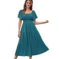 thumbnail image 3 of Women'S Summer Short Sleeve Square Neck Smocked Waist Casual Vacation Tiered Flowy Maxi Dress Peacock Blue XL, 3 of 6