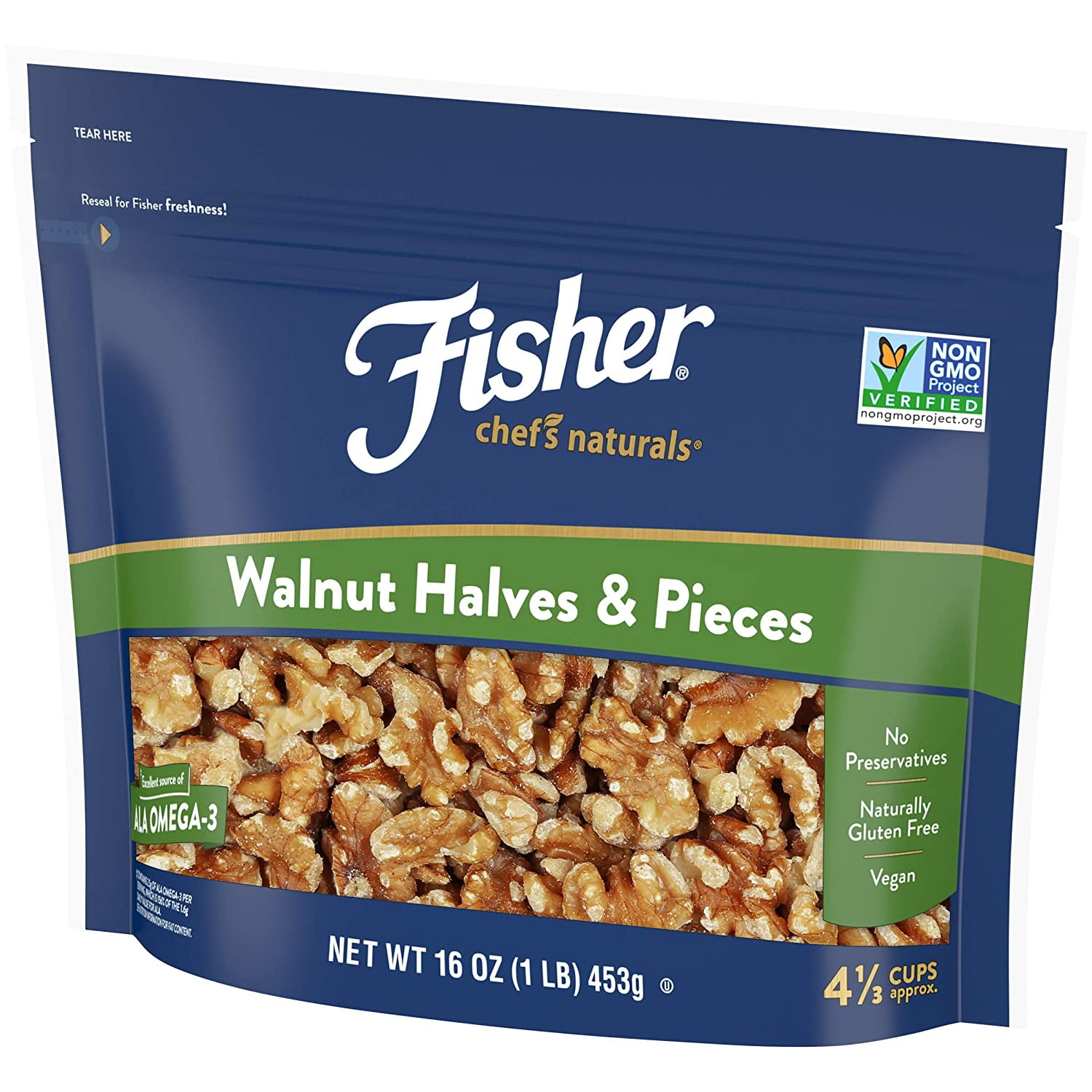 (5 pack) Fisher Chef's Naturals Gluten Free, No Preservatives, Non-GMO Walnut Halves & Pieces, 16 oz Bag