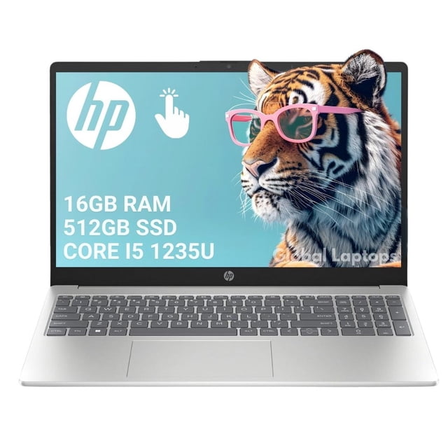 laptop hp gamer core i5 1235u 16gb ram 512gb ssd 15,6 touch frontal abierta, chasis plateado con teclado completo y touchpad; pantalla táctil 15.6" (1366 x 768) muestra texto "16GB RAM 512GB SSD CORE I5 1235U" y logo HP. Orientada a multitarea y entretenimiento; también suele usarse para edición ligera y trabajo portátil.