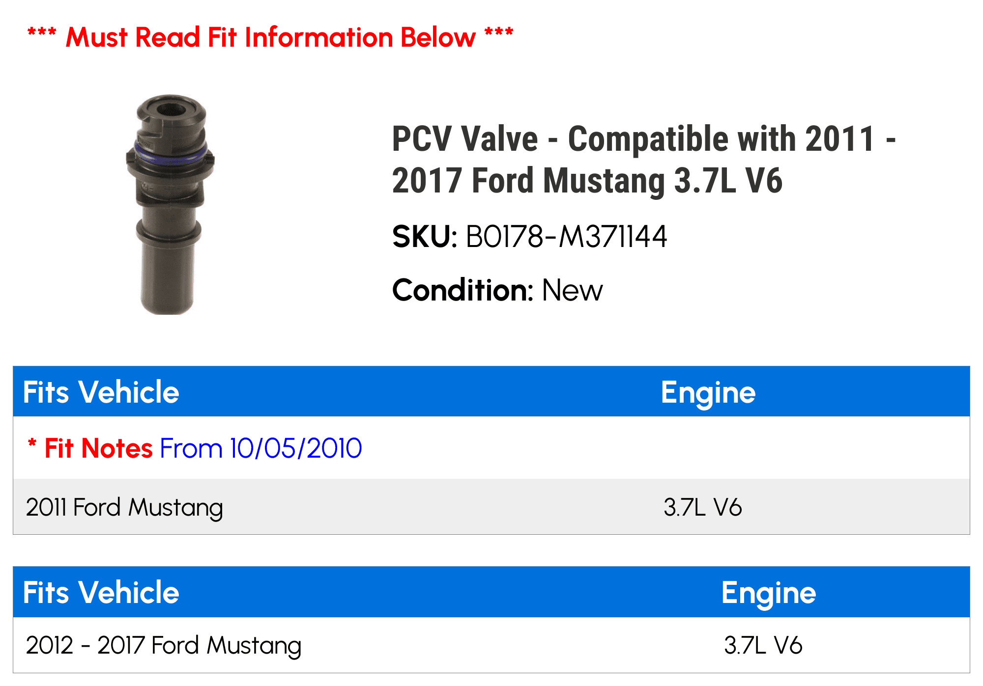 PCV Valve - Compatible with 2011 - 2017 Ford Mustang 3.7L V6 2012 2013 2014 2015 2016