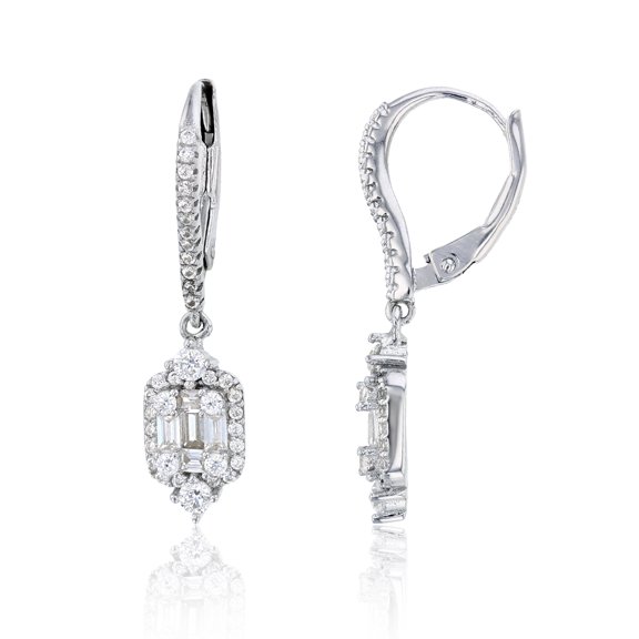 Decadence Sterling Silver Rhodium Round & Baguette Cubic Zirconia Dangling Leverback Earring