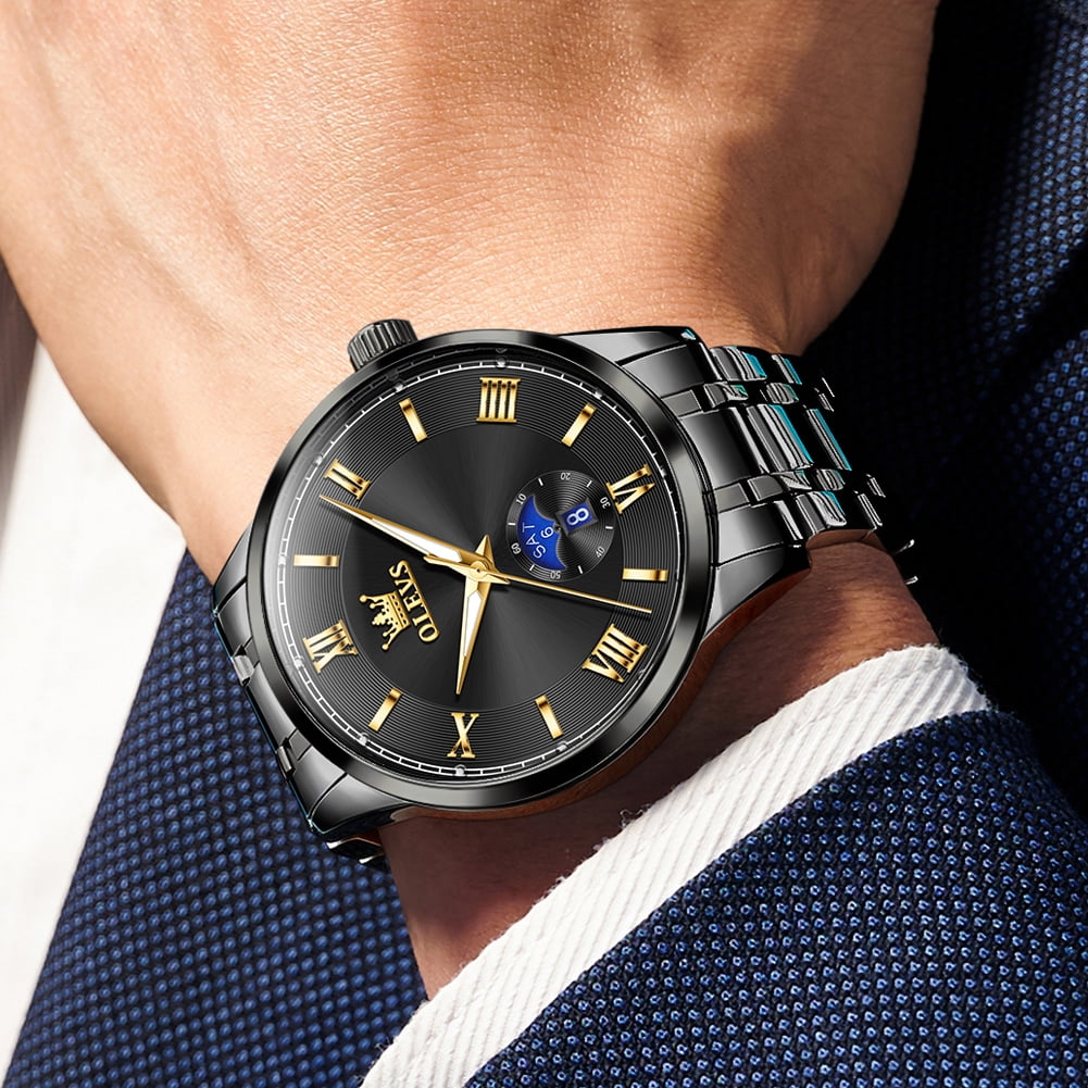OLEVS Watches for Men Business Dress Waterproof Analog Quartz Stainless Steel Luminous Roman Numeral Classic Men Wrist Watches Reloj Para Hombre Black Dial