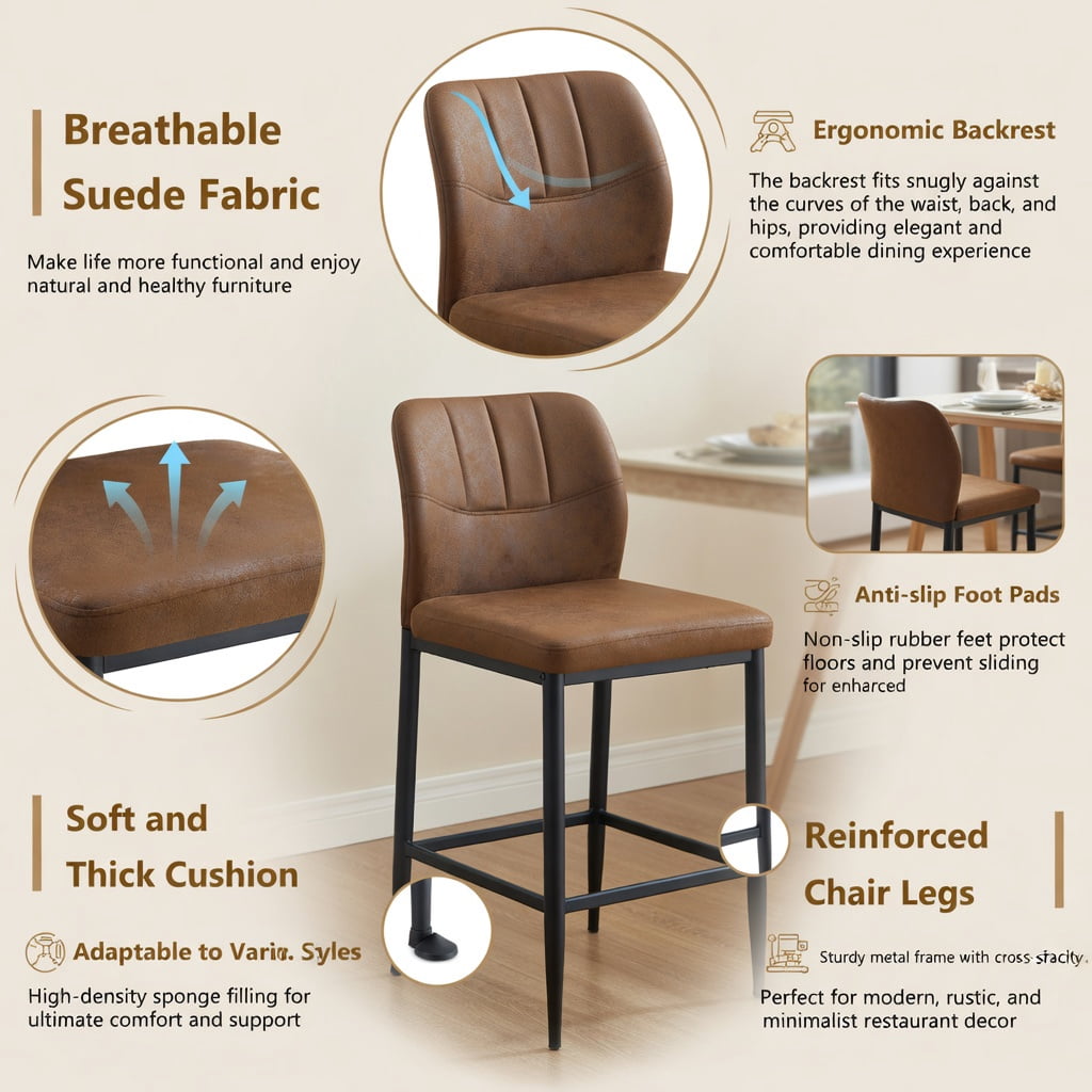 Hommoo Set of 4 Ergonomic Dining Chairs, Shell-Design Fabric Chairs with Metal Frame, 37" Height, Comfortable High-Density Foam Cushioning, Brown & Black